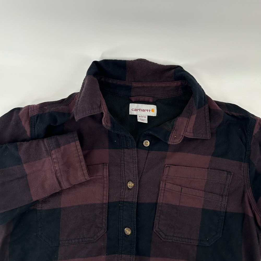 Carhartt Flannel Shirt Jacket Girls Size M 8/10 Purple Black Fleece Lined Plaid
